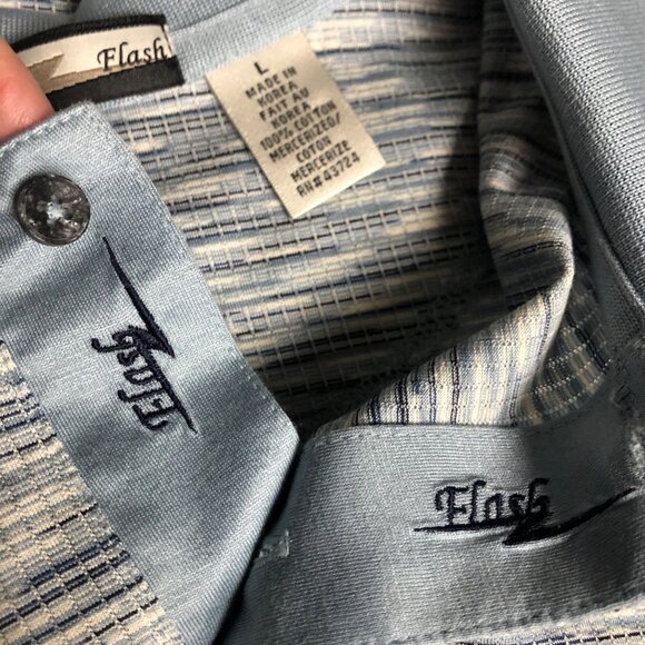 Flash Blue Striped Polo Shirt Mens Size Large Cotton Short Sleeve Golf Office - Picture 5 of 6